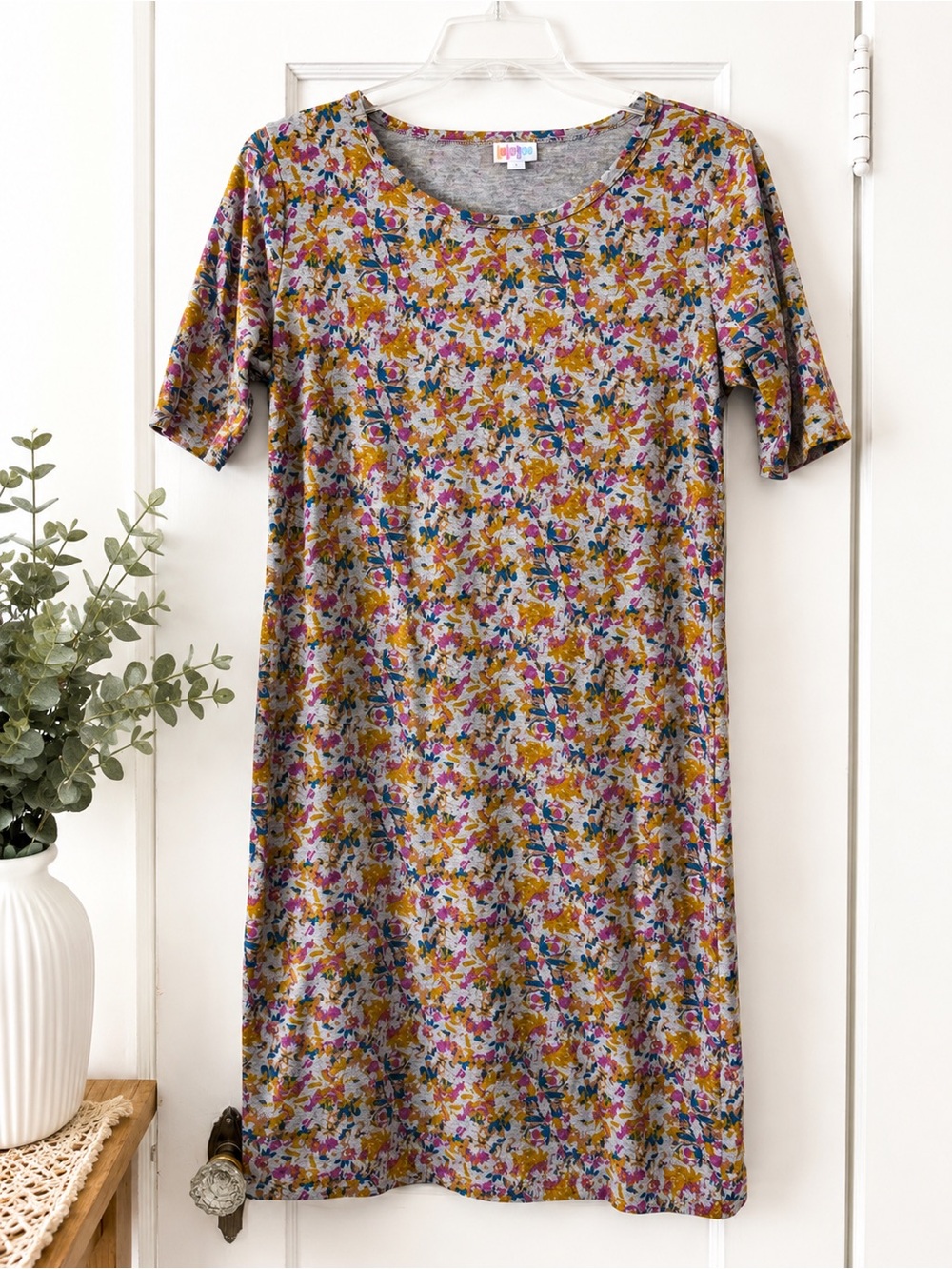 LuLaRoe Julia Gray Multicolor Floral Stretch Midi Dress